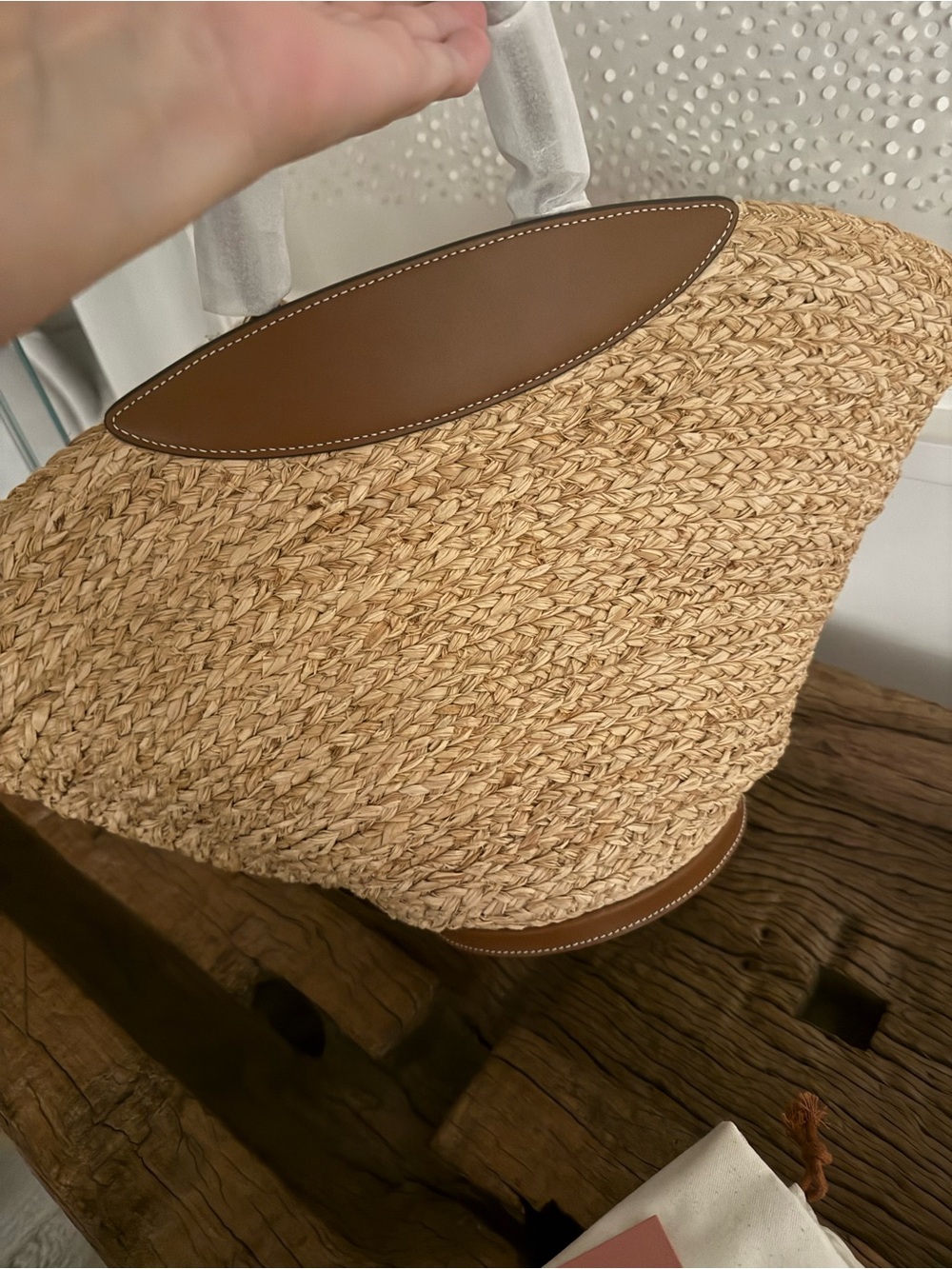 CULT GAIA Straw Dome Tote Bag with Brown Leather Trim - Picture 3 of 10